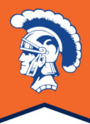 An orange background with a blue and white spartan on it.