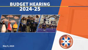 Budget Hearing PowerPoint cover page with images of cheerleaders, Treps students, and drama club students