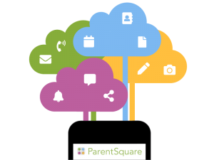 Graphic of phone using ParentSquare. Pink, green, yellow and blue speech bubbles come out of the top of the phone