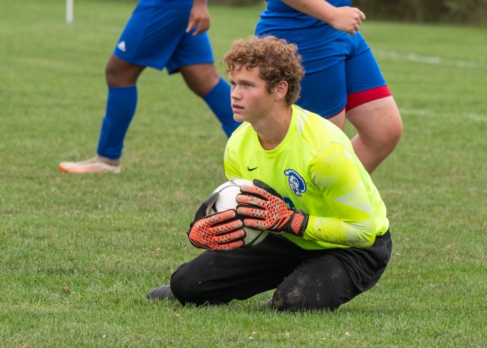 goalie blocks soccer ball